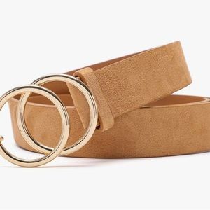Tan faux suede belt with double gold circles hardware